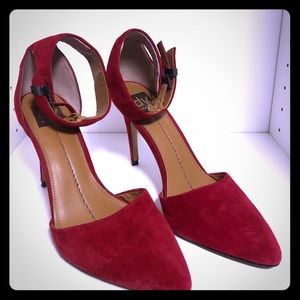Red suede ankle strap heels